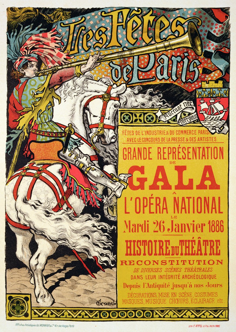 A „Fetes de Paris”-t hirdető plakát reprodukciója a párizsi Opera Nationalban, 1885 alkotó: Eugene Grasset
