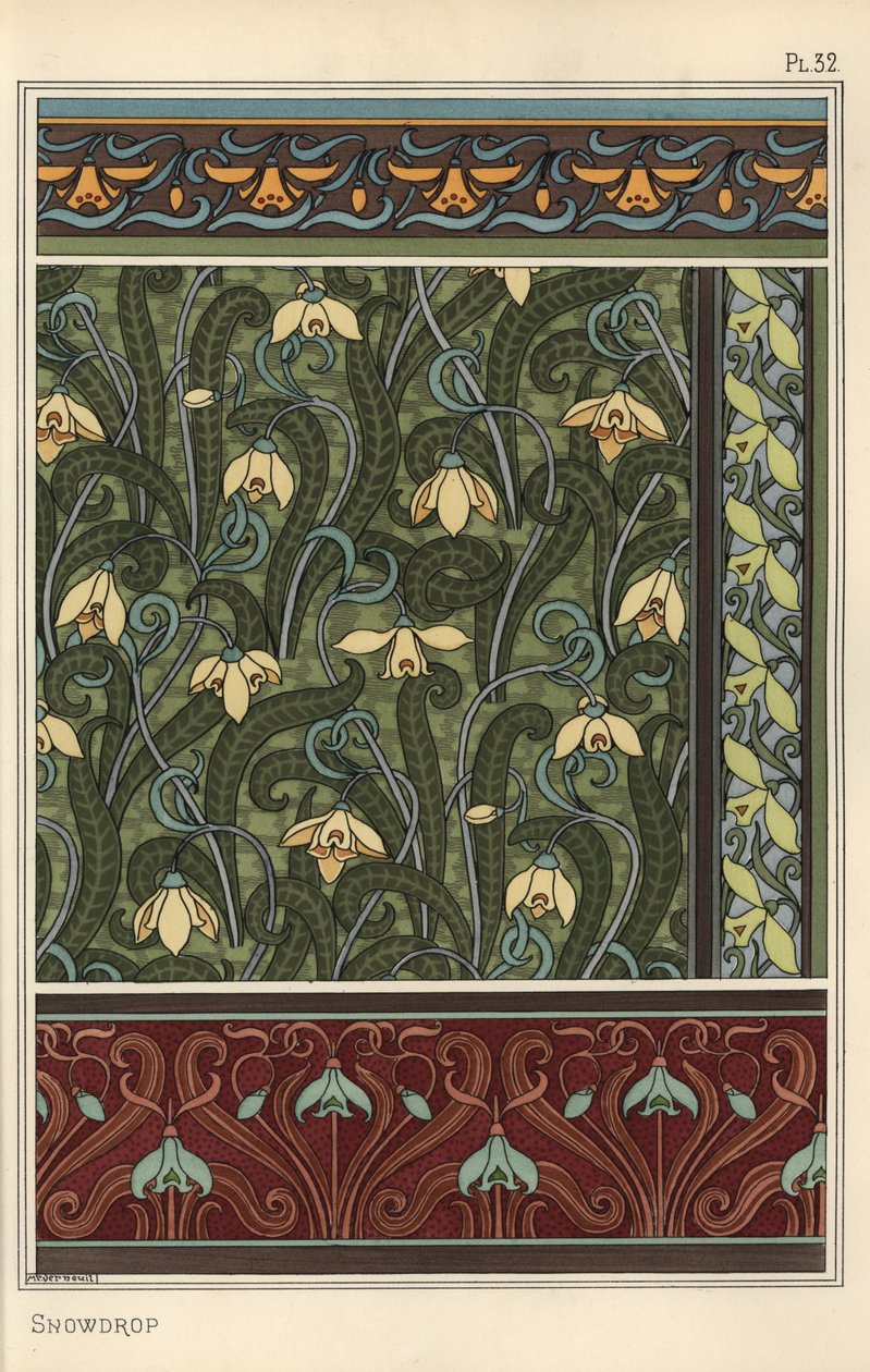 Hóvirág, Galanthus nivalis, mint design motívum tapétákon, szegélyeken és szöveteken alkotó: Eugene Grasset