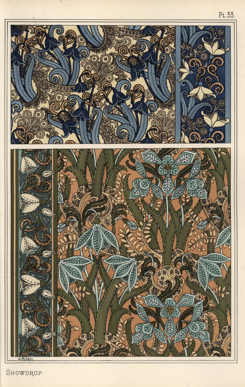 Hóvirág, Galanthus nivalis, mint design motívum tapétákon, szegélyeken és szöveteken alkotó: Eugene Grasset
