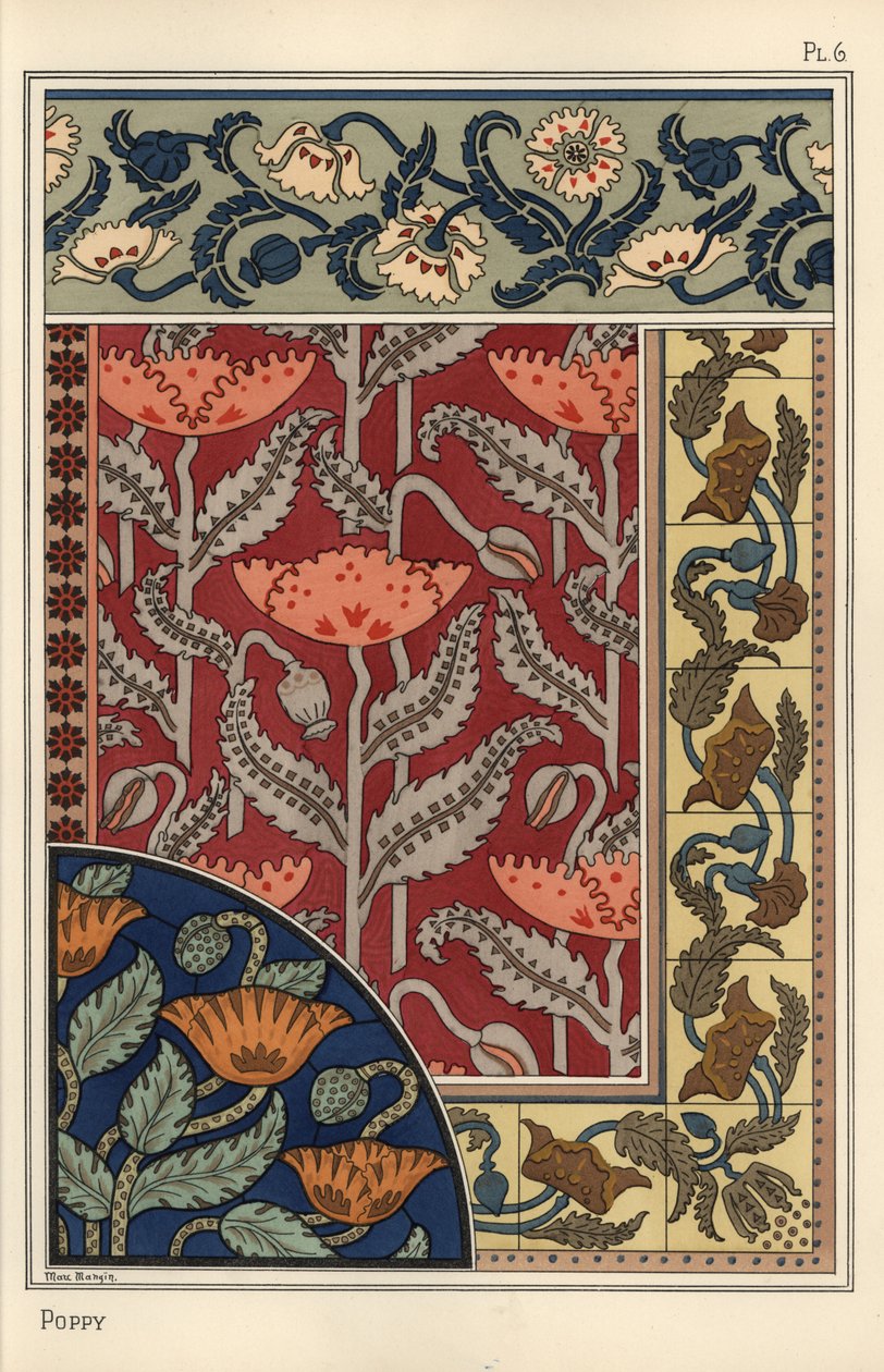 A mák, Papaver somniferum, ólomüveg, tapéta, szövet és csempe mintával. Marc Mangin litográfiája alkotó: Eugene Grasset