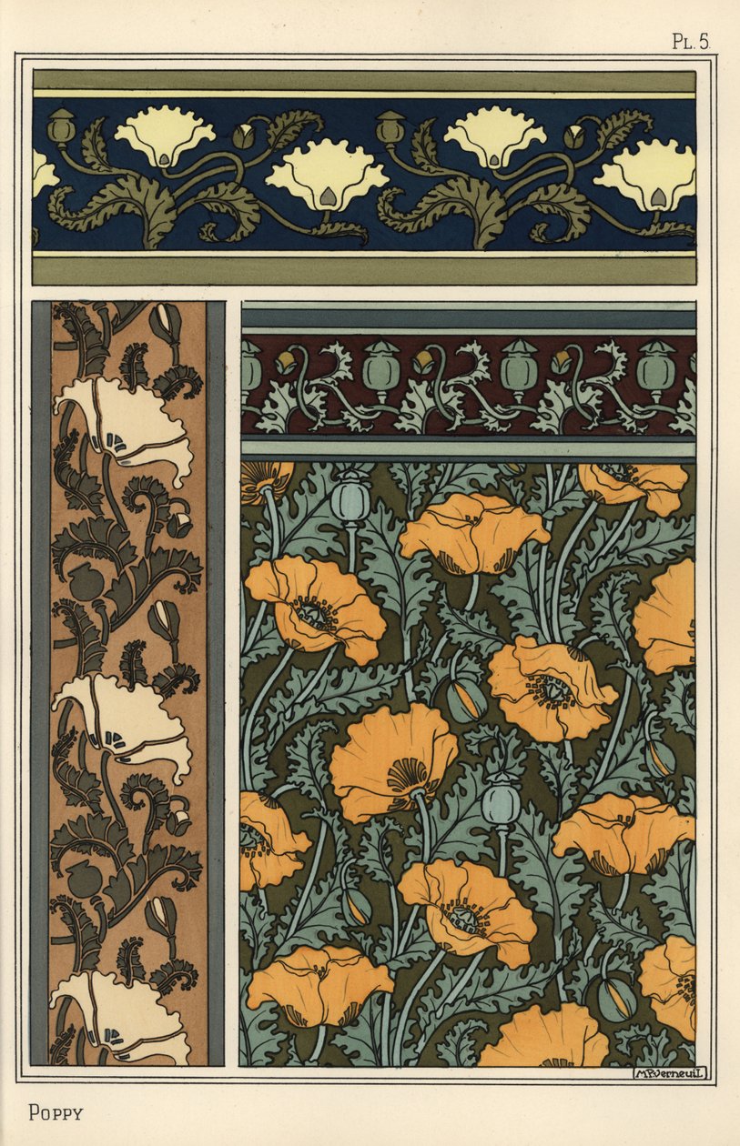 A mák, Papaver somniferum, tapéta és szövet mintázatban. Verneuil litográfiája alkotó: Eugene Grasset
