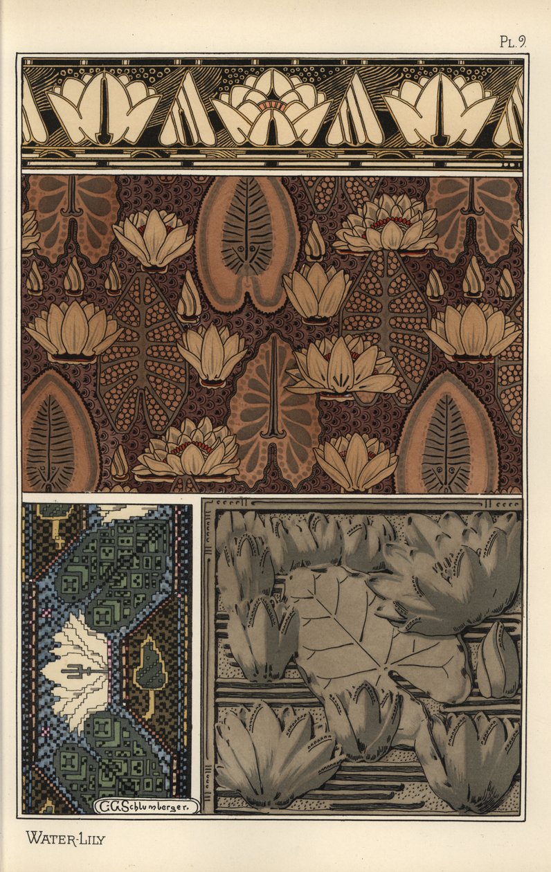 A tündérrózsa, Nelumbo lutea, szövetben, keresztszemes gobelinben és domborműves mintázatban. C. G. Schlumberger litográfiája alkotó: Eugene Grasset