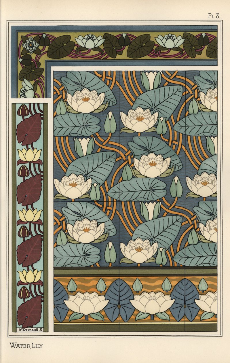 A tavirózsa, Nelumbo lutea, tapéta és csempe mintázatban alkotó: Eugene Grasset
