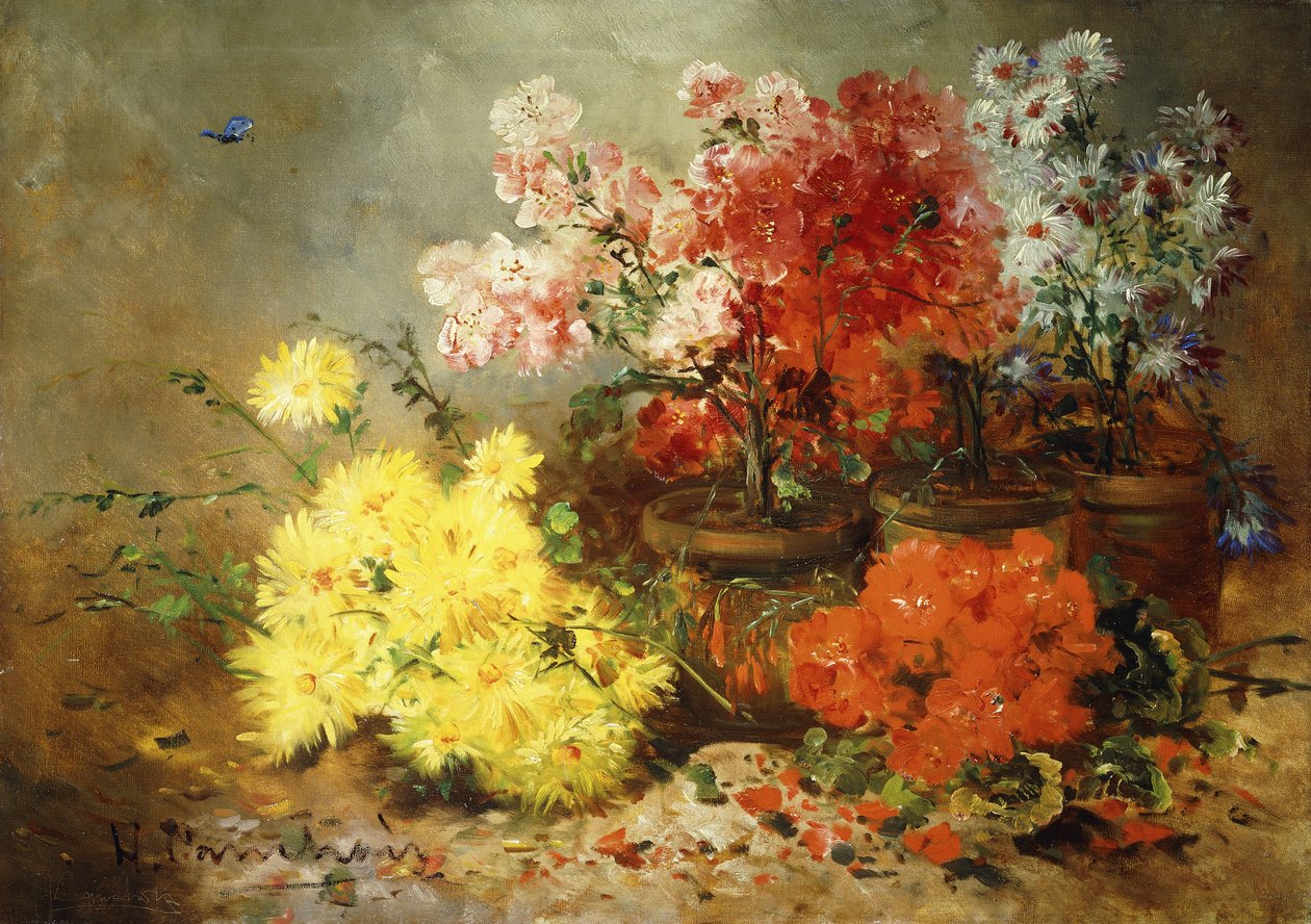 Százszorszép, begónia és egyéb virágok cserépben, alkotó: Eugene Henri Cauchois