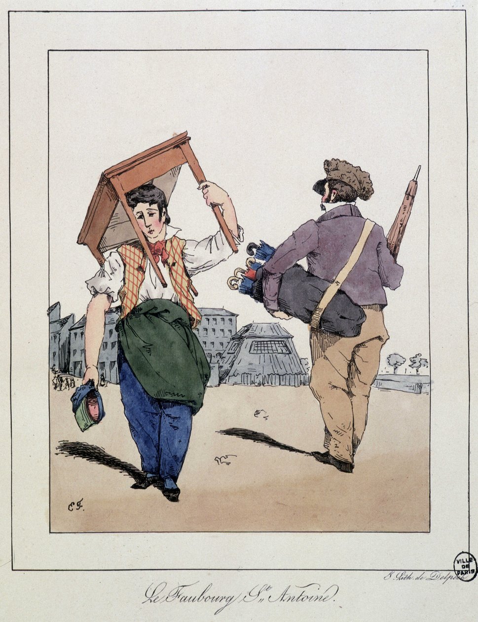 Le faubourg St Antoine: bútorjavító és sétáló esernyőkereskedő – Eugène Forest „” Souvenirs d’un loâneur” című könyvében, szerk. Delpech, Párizs, 1830 körül alkotó: Eugene Hippolyte Forest