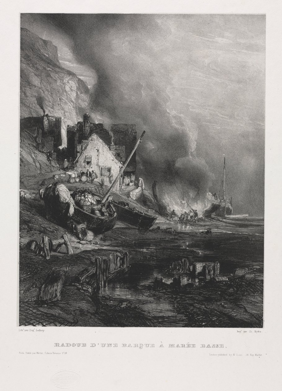 Hat tengerészgyalogos: Csónak átszerelése apálykor, 1833. alkotó: Eugene Isabey
