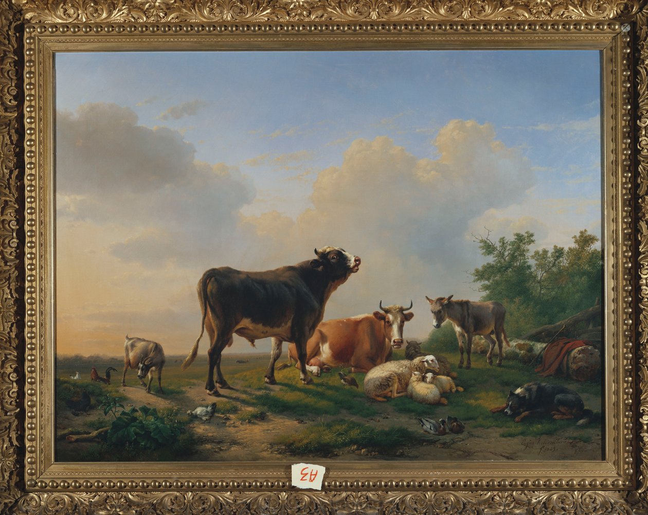 Egy bika, egy tehén, egy szamár, egy kecske, birka és baromfi kiterjedt tájon, 1849 alkotó: Eugene Joseph Verboeckhoven