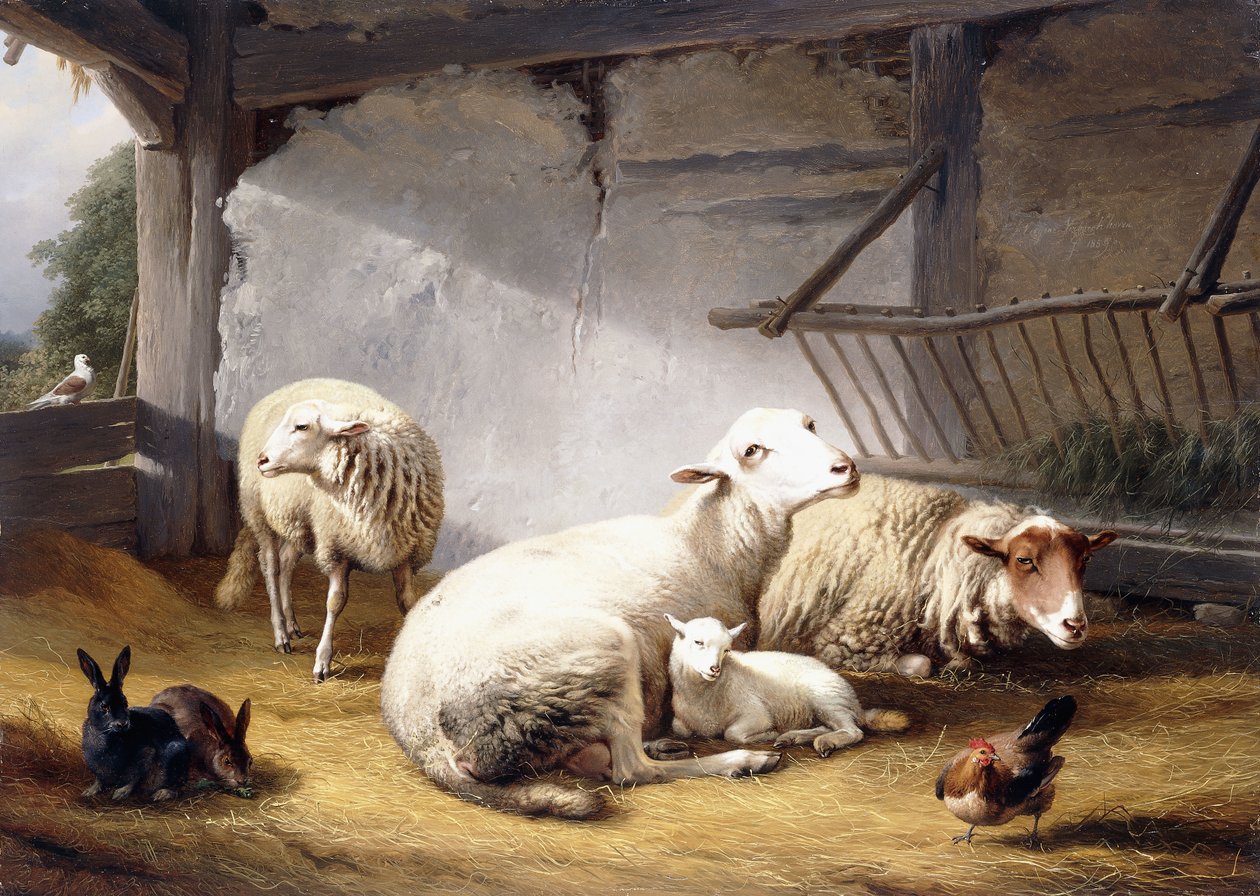 Birkák, nyulak és csirke az istállóban, 1859 alkotó: Eugene Joseph Verboeckhoven