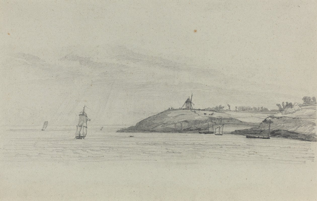 Tengerparti táj hajózással, Szélmalom a távolban, c. 1858. alkotó: Eugene Louis Boudin