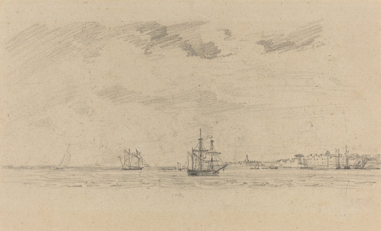 Tengerparti táj hajózással, c. 1858. alkotó: Eugene Louis Boudin
