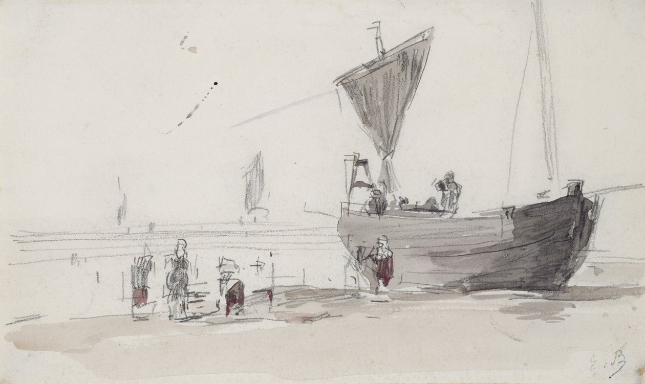 Horgászhajó a tengerparton (ceruza és WC papíron) alkotó: Eugene Louis Boudin