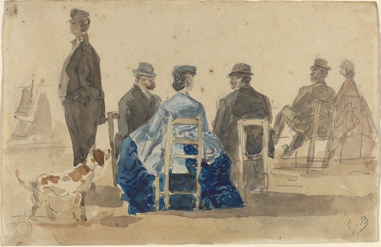 Hölgyek és urak a tengerparton kutyával ülve, 1866. alkotó: Eugene Louis Boudin