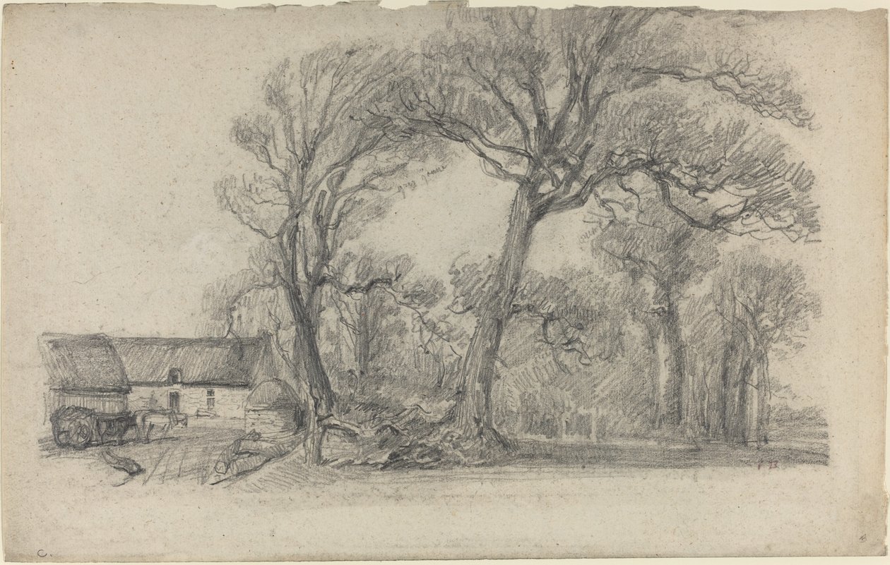 Táj fákkal, kunyhóval és tanyakocsival, c. 1858. alkotó: Eugene Louis Boudin