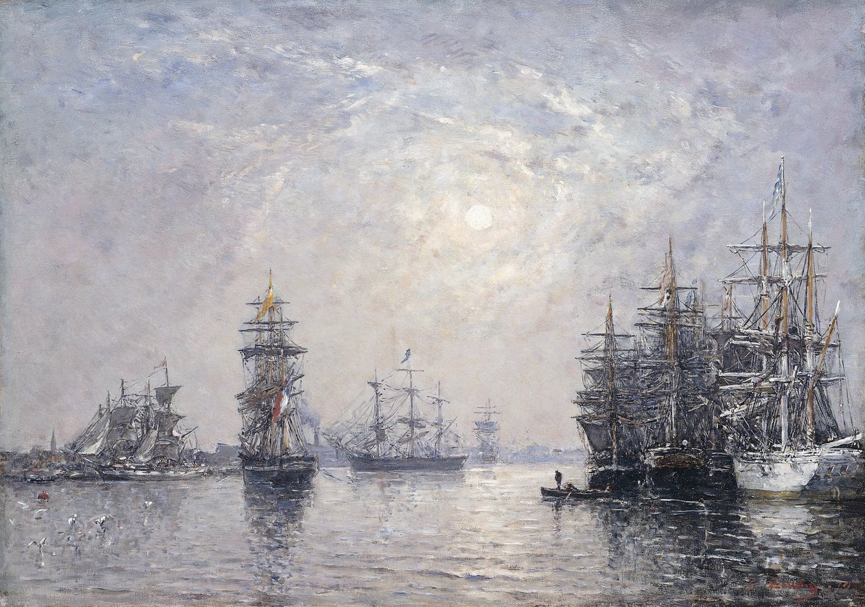 Le Havre, Eure-medence, vitorlások horgonynál, naplemente; Le Havre, Eure-medence, vitorlások horgonynál, lenyugvó nap, 1870 alkotó: Eugene Louis Boudin