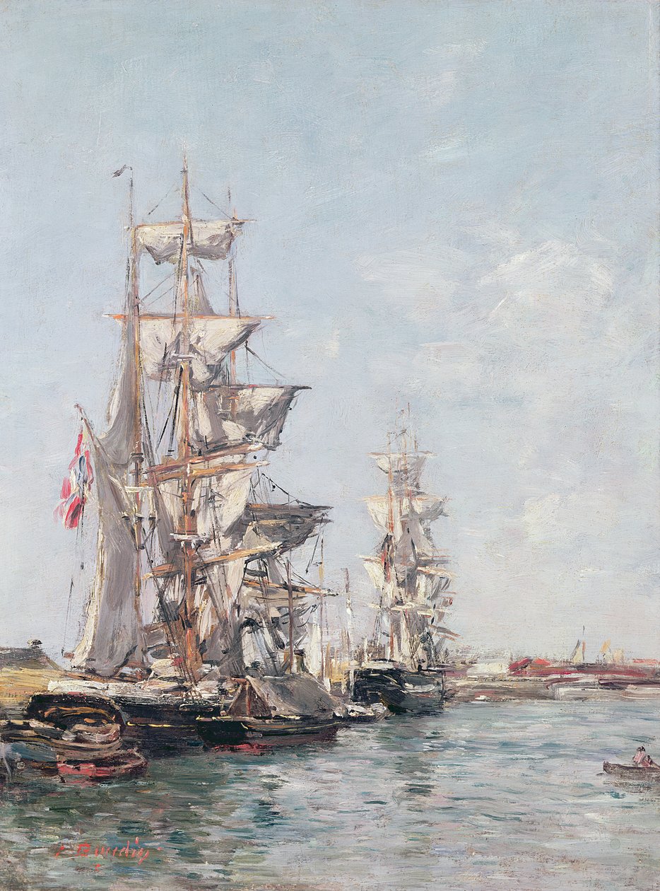 Háromárbocos csónakok a rakpartnál Deauville-i kikötőben, 1888-89 alkotó: Eugene Louis Boudin