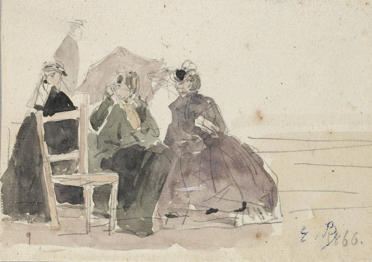 Három nő ül a székeken a tengerparton, 19. század vége alkotó: Eugene Louis Boudin