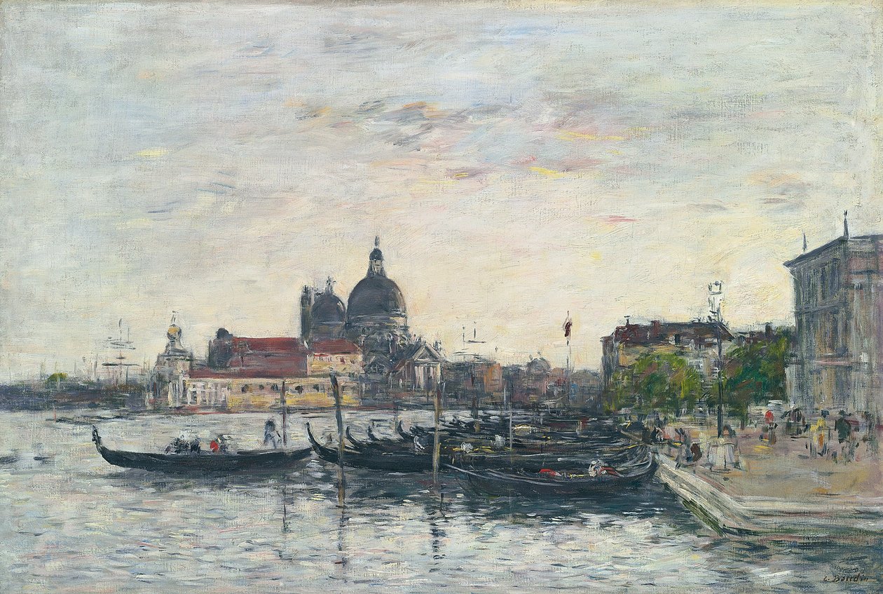 Velence, a Vakond a Canal Grande bejáratánál és a tisztelgés, este, 1895 alkotó: Eugene Louis Boudin