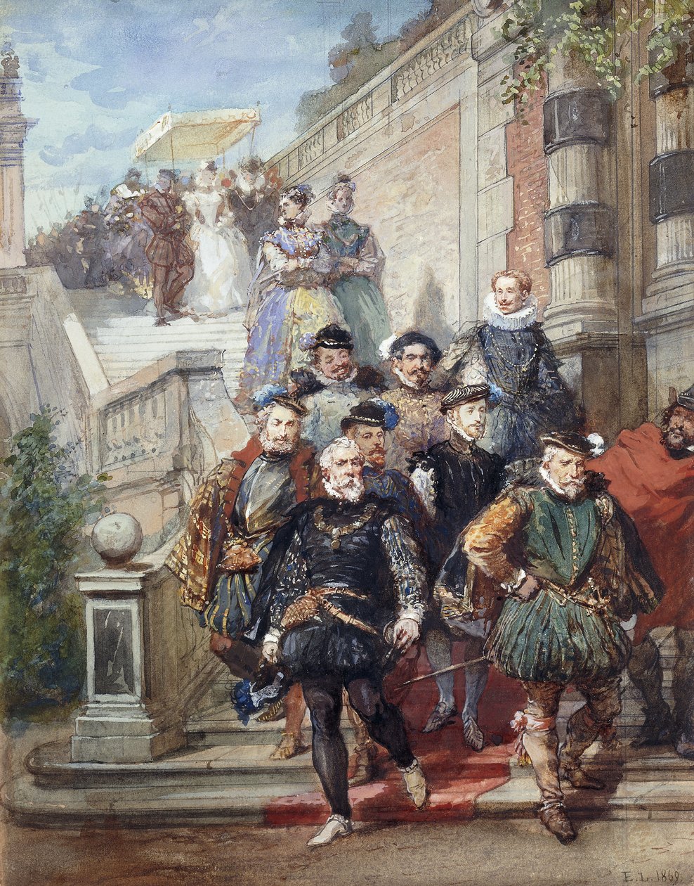 Királyi körmenet lépcsőn lefelé egy kertben, 1869 alkotó: Eugene Louis Lami