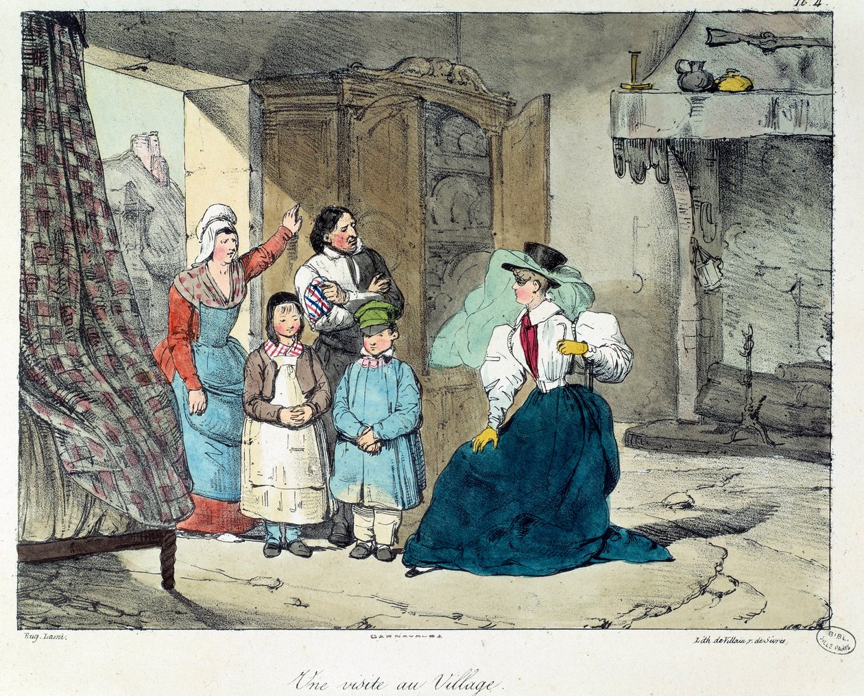 Látogatás a faluban. Egy gazdag nő meglátogat egy szegény családot. A „La vie de chateau” című könyv illusztrációja. Eugene Louis Lami (1800-1890) metszete alkotó: Eugene Louis Lami