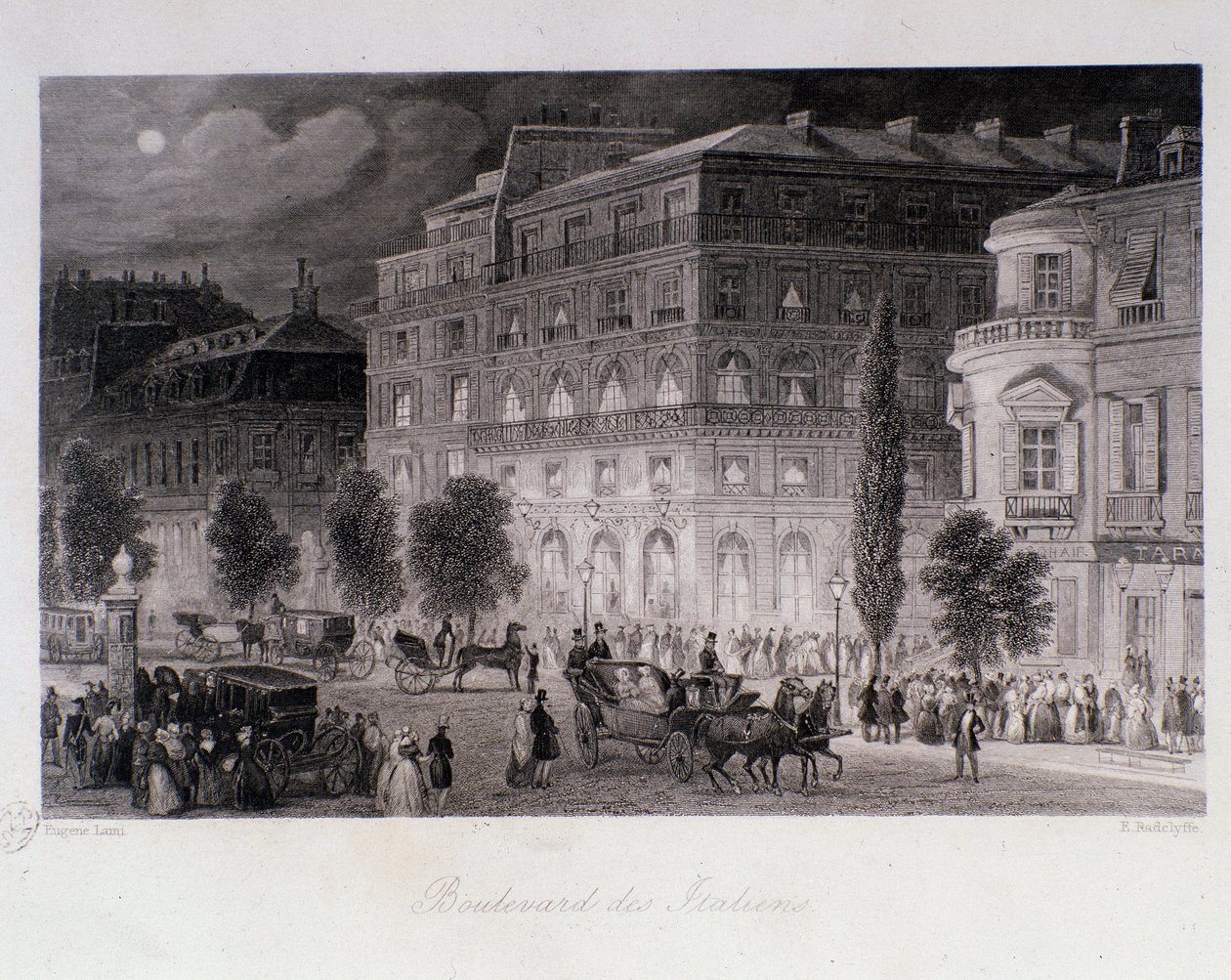 Animáció a párizsi boulevard des Italians színházai körül. Eugene Louis Lami (1800-1890) metszete 1843 Magángyűjtemény alkotó: Eugene Louis Lami