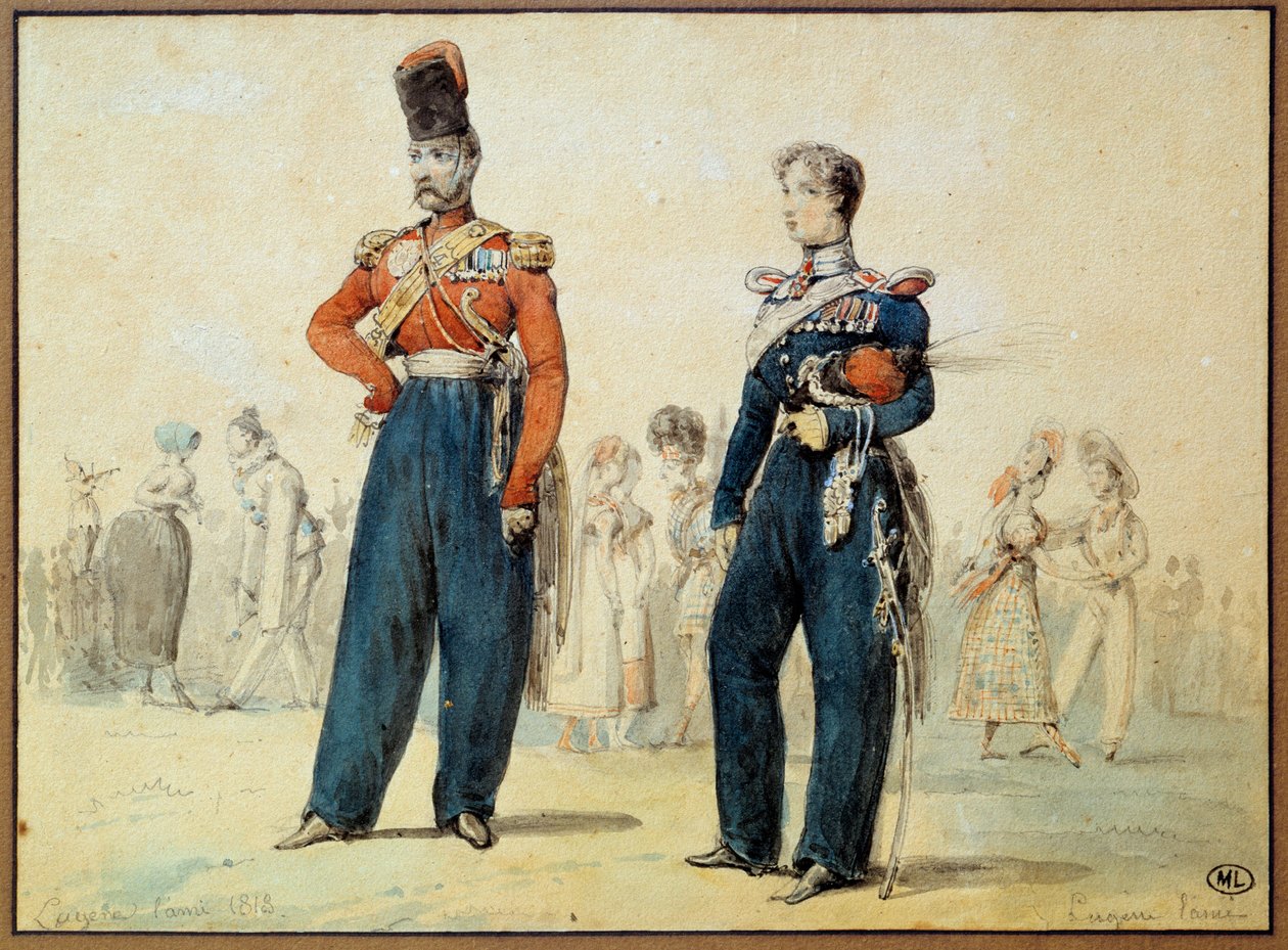 Bálruha: két férfi katonai egyenruhában. Eugene Louis Lami (1800-1890) rajza 19. századi Párizs, Louvre Múzeum alkotó: Eugene Louis Lami