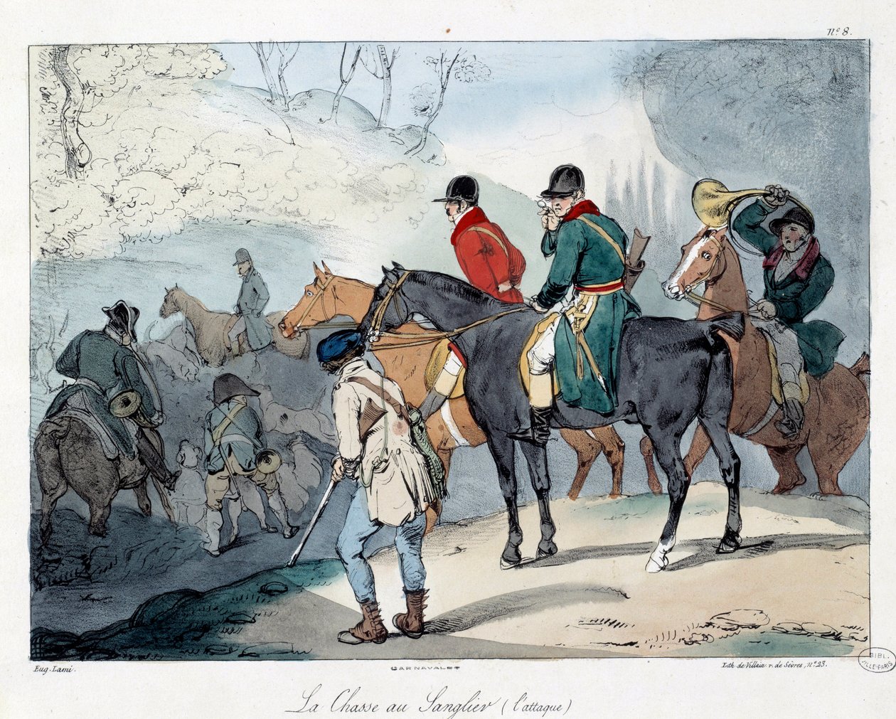 Vaddisznó vadászat. A „La vie de chateau” című könyv illusztrációja. Eugene Louis Lami (1800-1890) metszete alkotó: Eugene Louis Lami