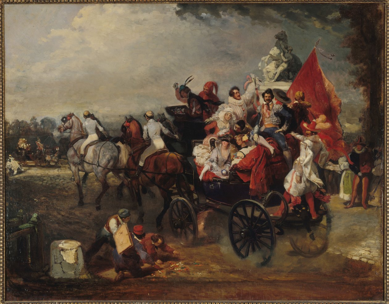 Kosztümös férfi és női kocsi a Champs-Elysees-n, 1834 alkotó: Eugene Louis Lami