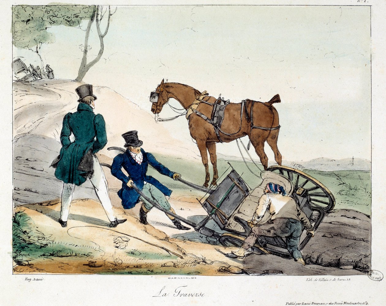 A vasút által okozott szekérbaleset. A „La vie de chateau” című könyv illusztrációja. Eugene Louis Lami (1800-1890) metszete alkotó: Eugene Louis Lami