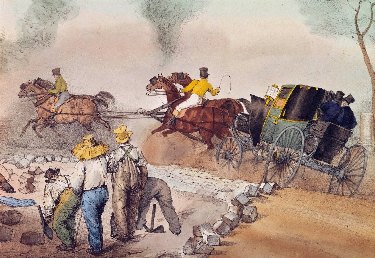 Porátjárók Az utcákon száguldó munkások. Eugene Louis Lami (1800-1890) litográfiája, 19. századi Párizs, Musee Carnavalet alkotó: Eugene Louis Lami