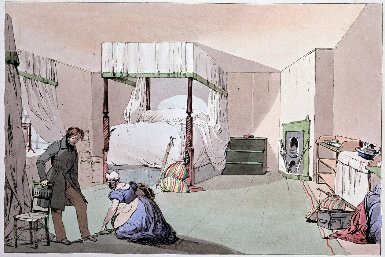 Hostel: egy szolgáló, aki segít az ügyfélnek cipőt felvenni. Illusztráció: Eugene Louis Lami (1800-1890), 19. század közepe alkotó: Eugene Louis Lami