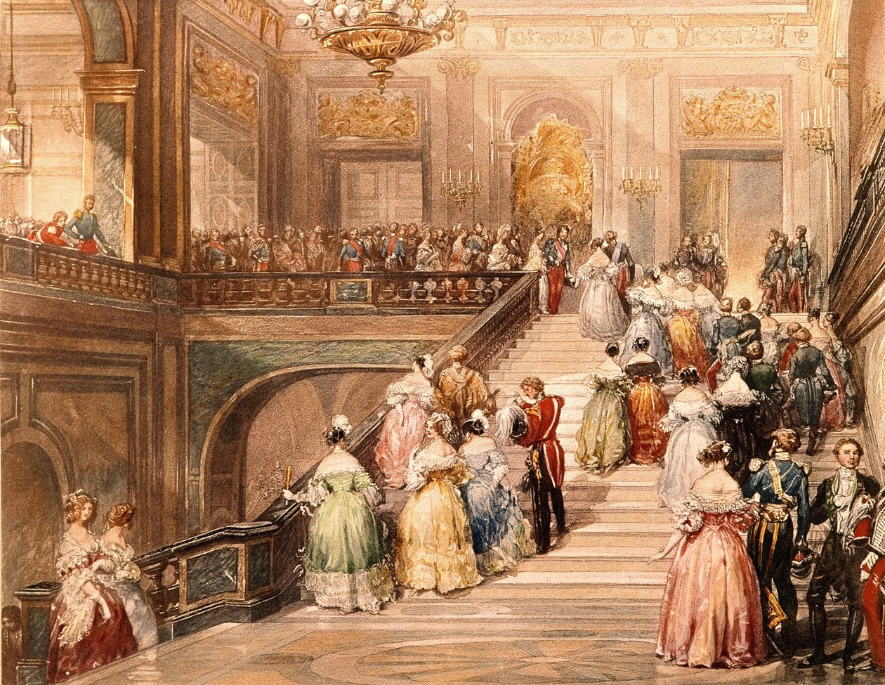 I. Lajos Fülöp király (1773-1850) és Marie Amélie de Bourbon királyné (1782-1866) fogadta a vendégeket a Versailles-i Múzeum 1837-es felavatása alkalmából. Eugène Lami (1800-1890) illusztrációja. alkotó: Eugene Louis Lami