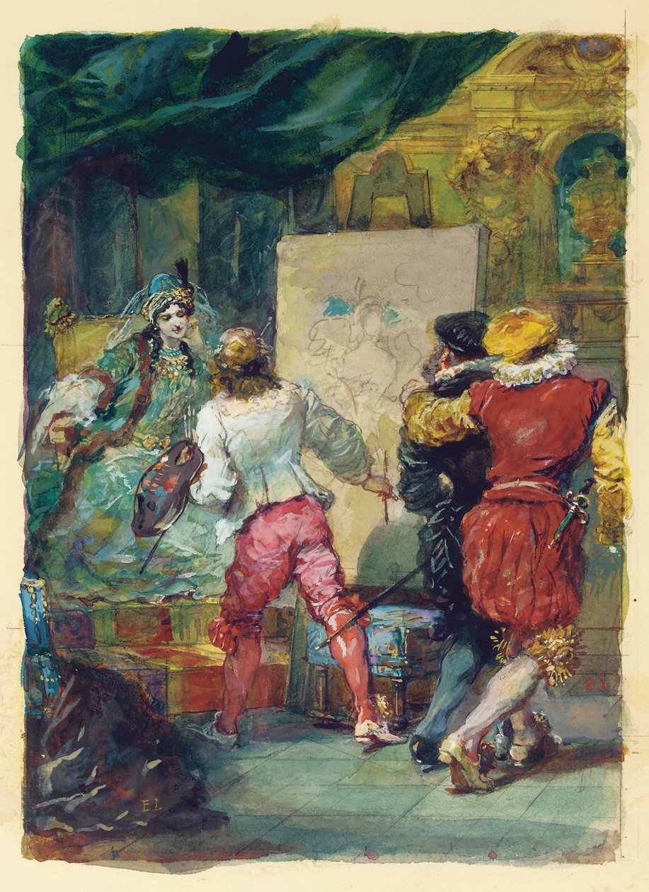 A szicíliai vagy festői szerelem Moliere nyomán (IV. felvonás, XII. jelenet) (ceruza, akvarell, gouache) alkotó: Eugene Louis Lami