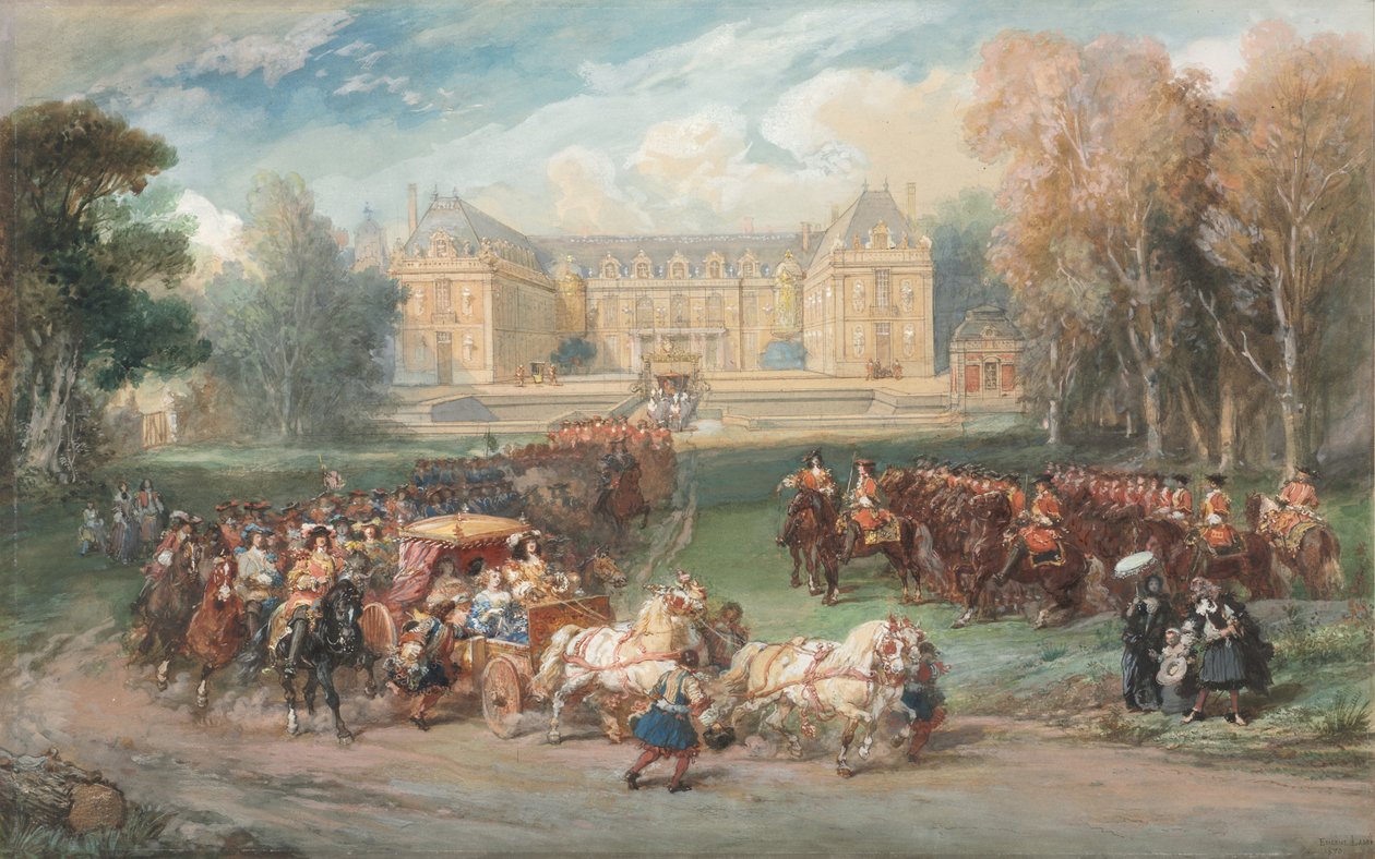 XIV. Lajos az edzőjét vezeti a Versailles-i parkban, 1870. alkotó: Eugene Louis Lami