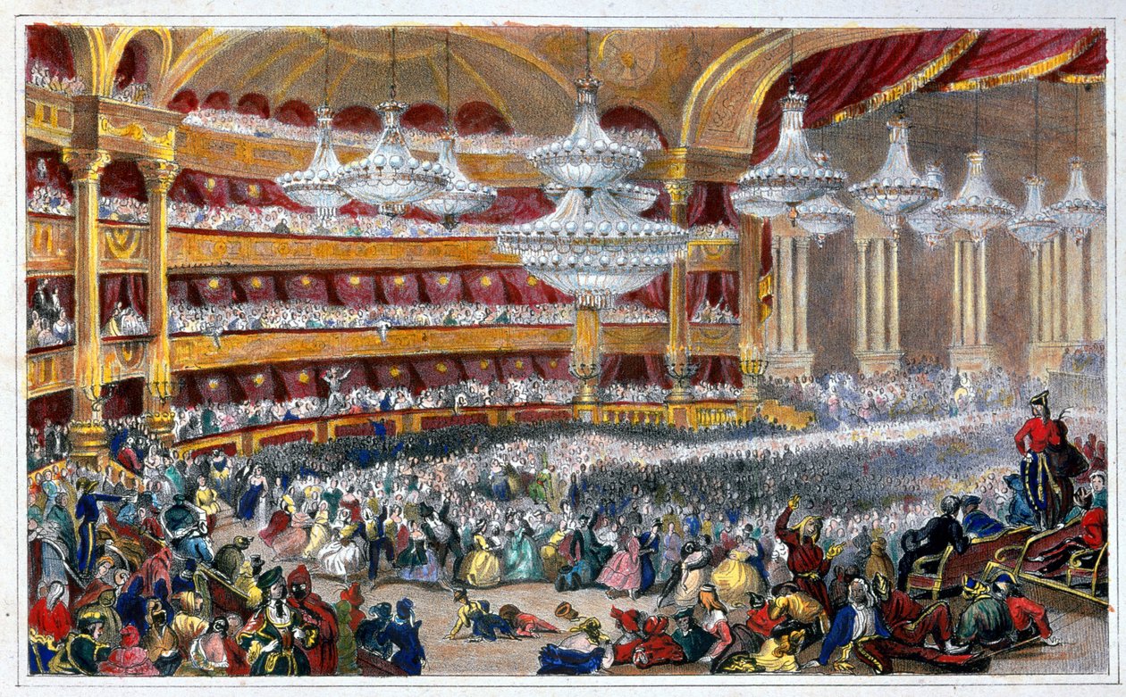 Álarcosbál az Operában a 19. században - Dolfino, Lami nyomán. alkotó: Eugene Louis Lami