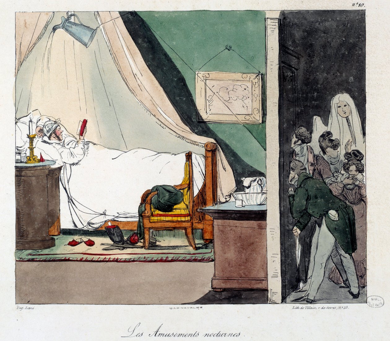Éjszakai szórakozás. A gyerekek félnek megijeszteni az ágyban olvasó embert. A „La vie de chateau” című könyv illusztrációja. Eugene Louis Lami metszete (1800-1890) alkotó: Eugene Louis Lami