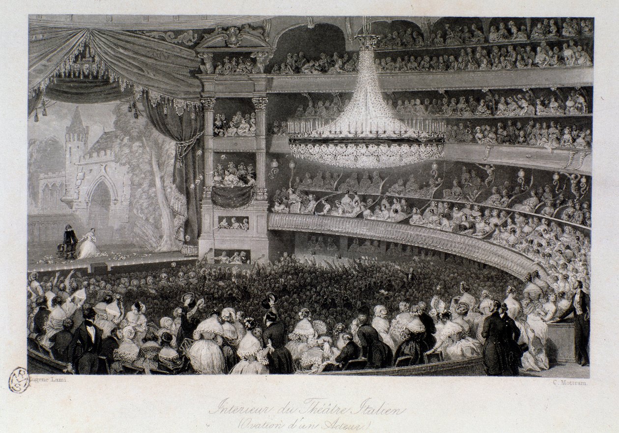 Egy színész ovációja a párizsi Theatre des Italians előadásán. Eugene Louis Lami (1800-1890) metszete 1843 Magángyűjtemény alkotó: Eugene Louis Lami