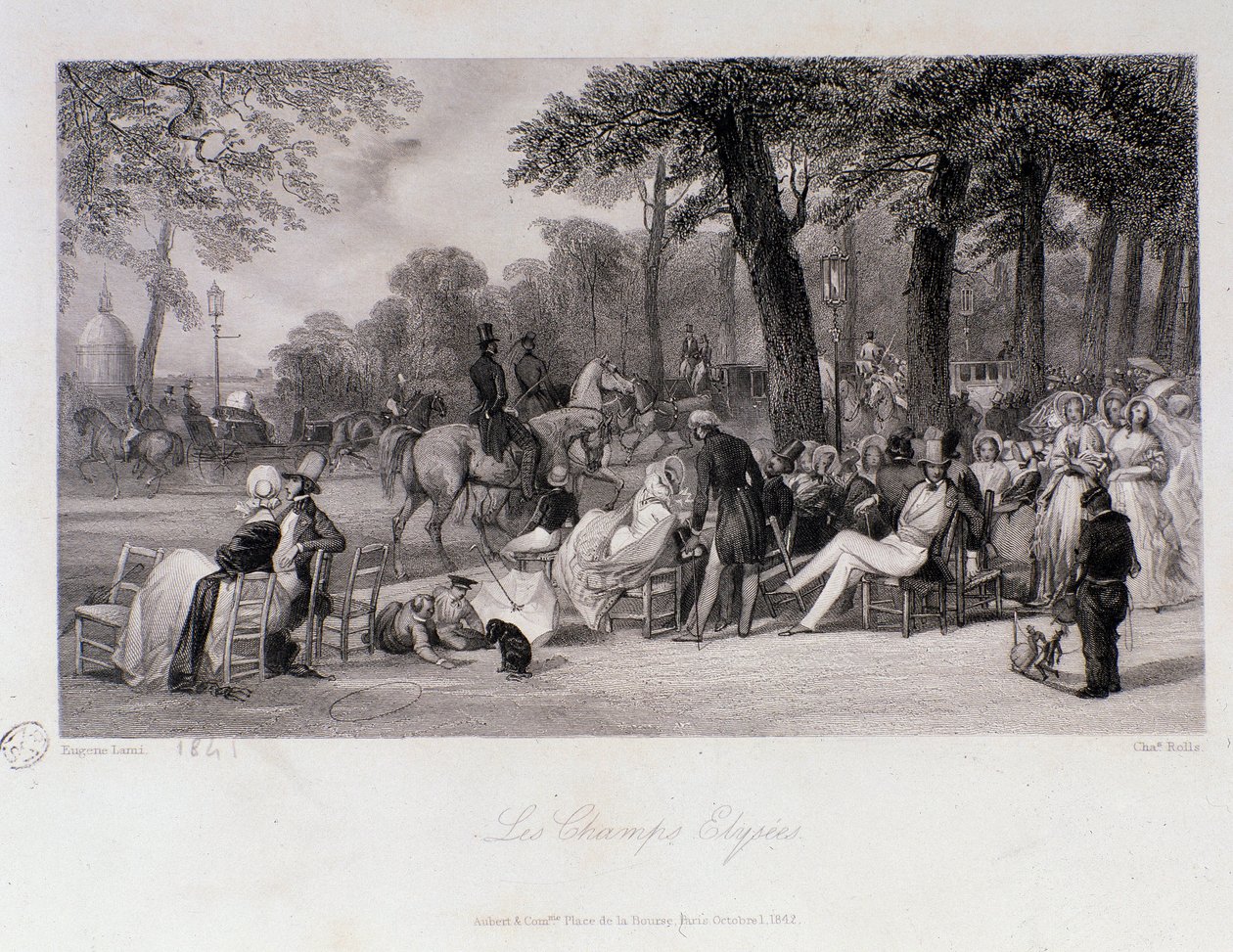 Utasok és sétálók a párizsi Champs Elysees-n (Champs-Elysees). Eugene Louis Lami (1800-1890) metszete 1841 Magángyűjtemény alkotó: Eugene Louis Lami