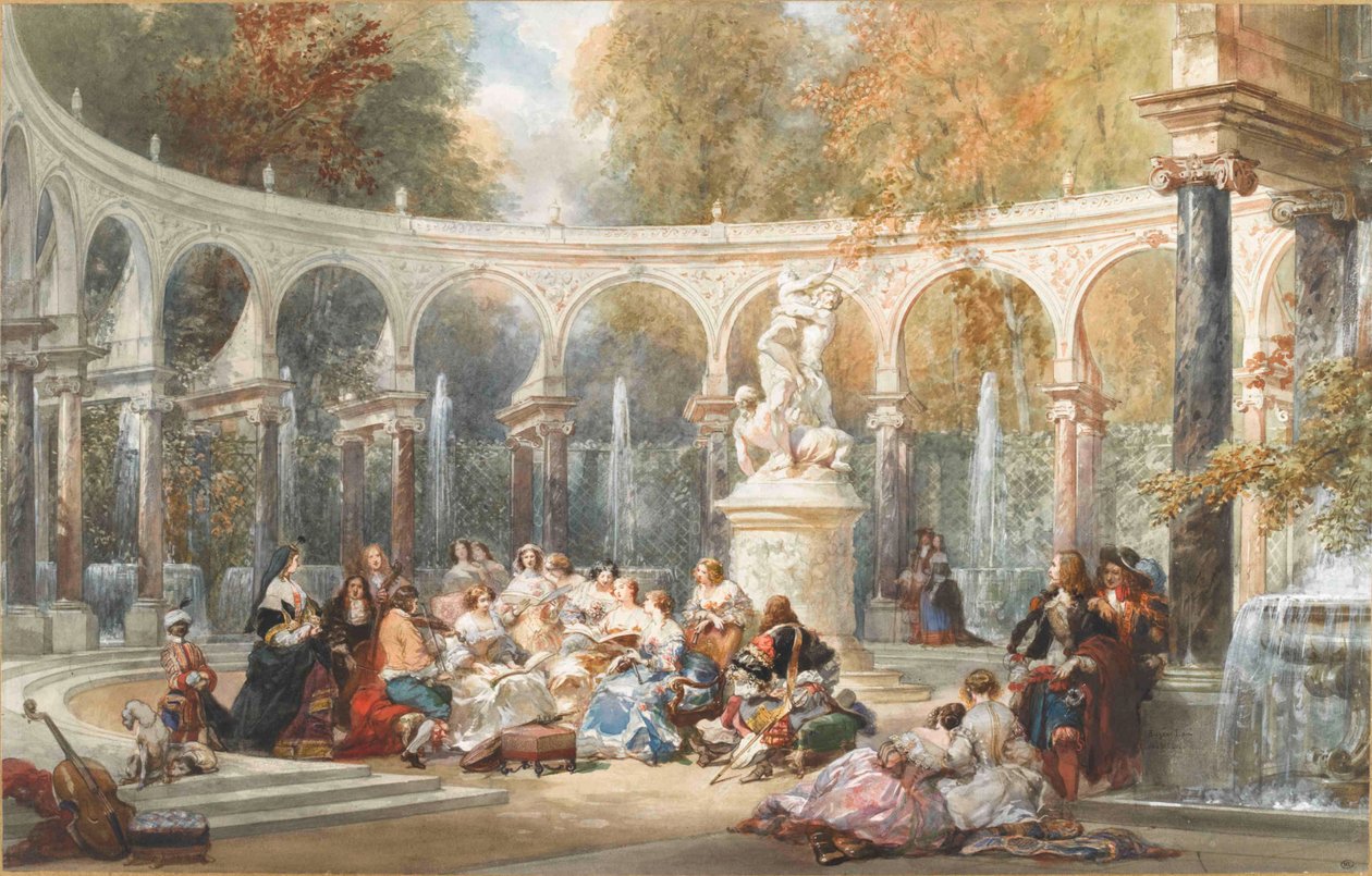Társaság a Bosquet de la Colonnade-ban a versailles-i kertben. alkotó: Eugene Louis Lami