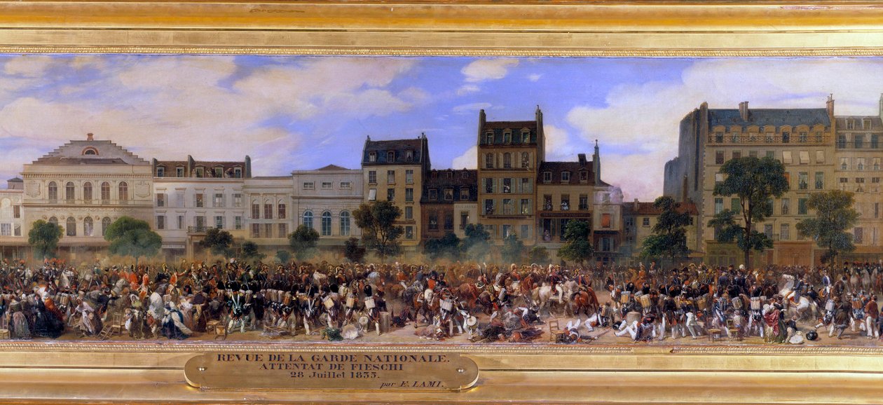 Giuseppe Fieschi (korzikai összeesküvő) támadása 1835.07.28-án I. Lajos Fülöp (1773-1850), francia király ellen, a párizsi Boulevard du Temple (Louis Philippe áttekinti a Nemzeti Gárdát) Részlet Eugene festményéről Lami (1800-1890) 1845 V. alkotó: Eugene Louis Lami