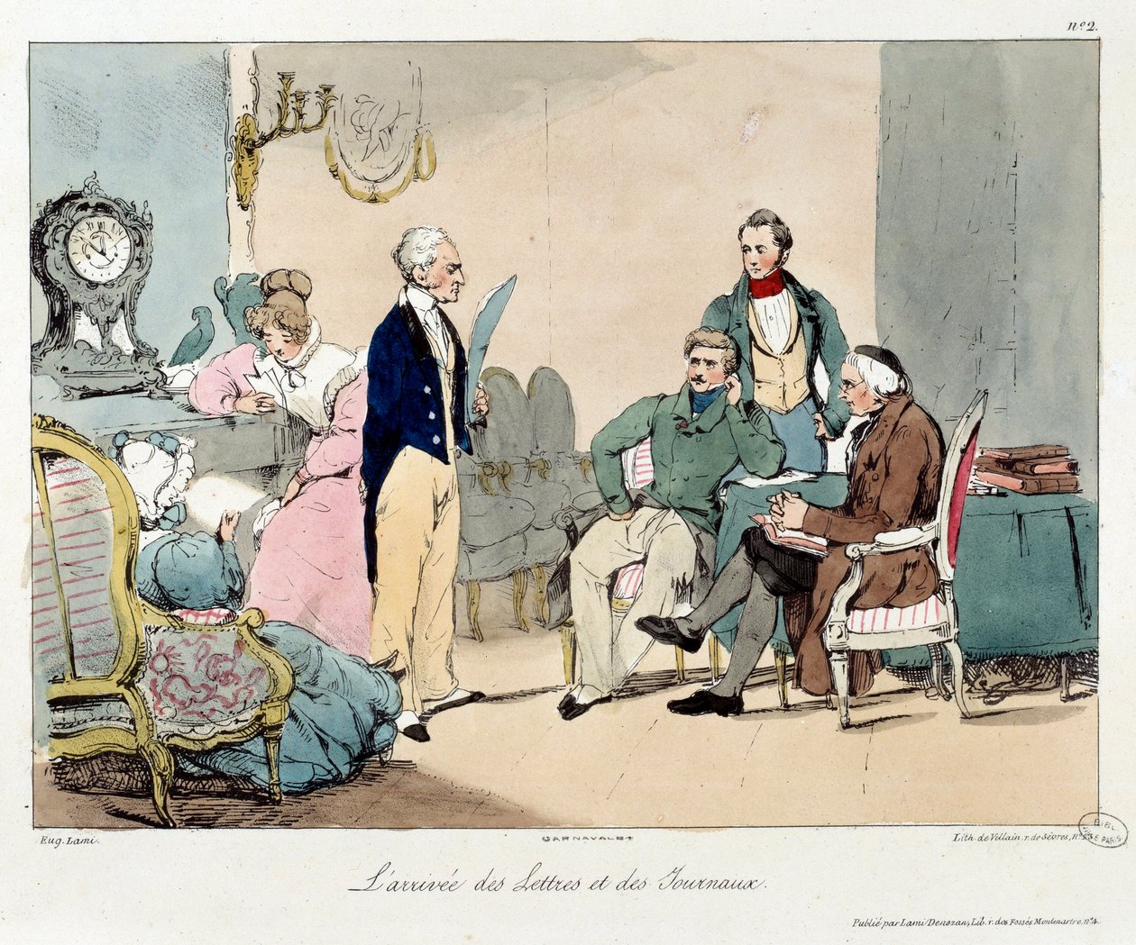 Levelek és újságok érkezése. A „La vie de chateau” című könyv illusztrációja. Eugene Louis Lami (1800-1890) metszete alkotó: Eugene Louis Lami