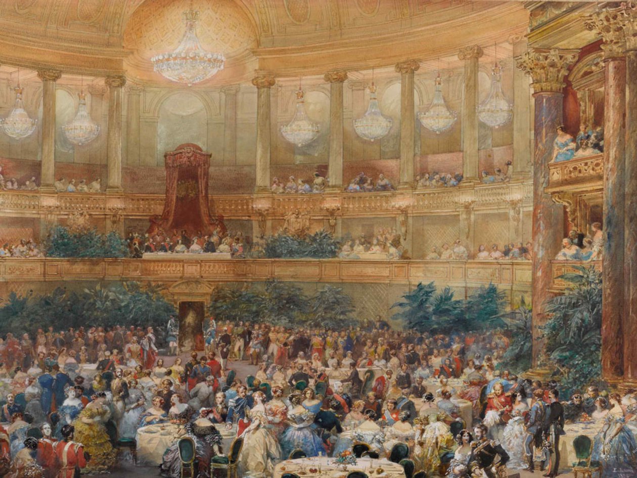 A versailles-i vacsora III. Napóleon jelenlétében, 1854. alkotó: Eugene Louis Lami