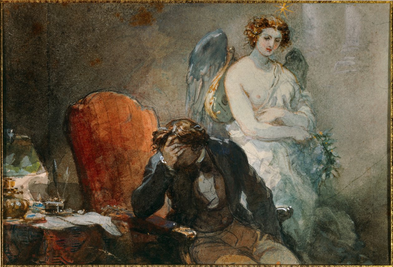 Az október éjszakája Alfred de Musset (1810-1857) műveinek illusztrációja. Eugene Louis lami (1800-1890) akvarellje 19. századi nap. 0,1x0,14 m Malmaison, musee du chateau alkotó: Eugene Louis Lami