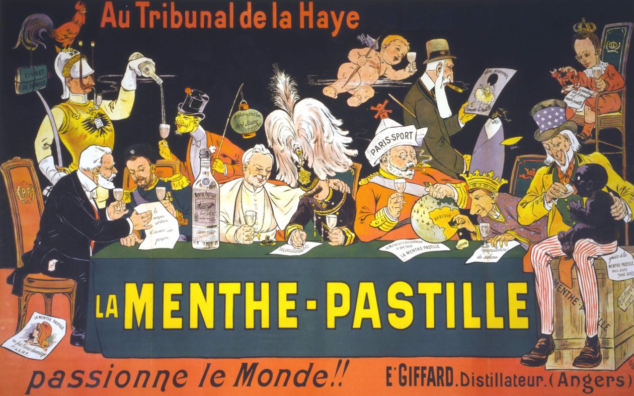 Karikatúra poszter az 1899-es hágai békekonferenciáról: „” A hágai udvarban a menta-pasztilla – szenvedélyessé teszi a világot!” Írta: Eugène Ogé (1861-1936) alkotó: Eugene Oge