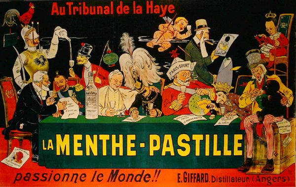 Az 1899-es első hágai békekonferenciára utaló „La Menthe-Pastille” plakát (színes litho) alkotó: Eugene Oge