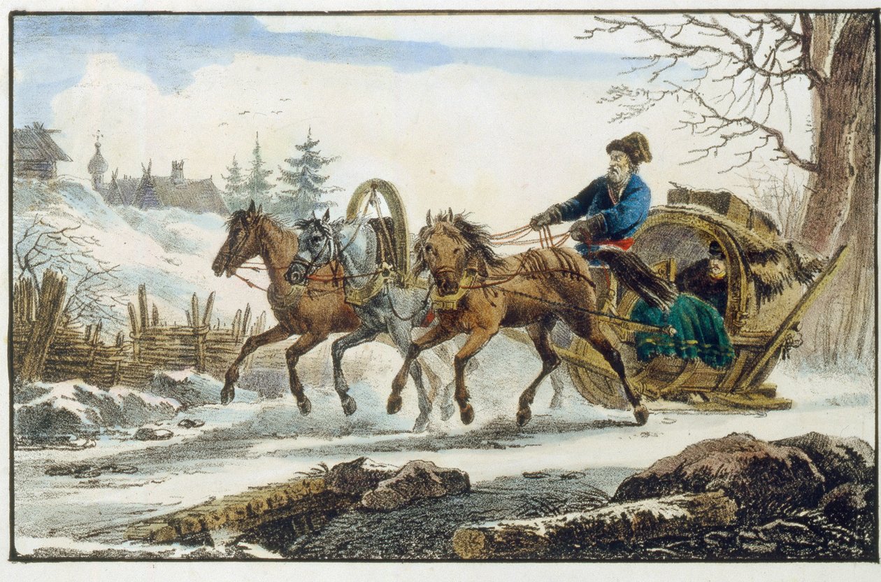 A lovasszán menedékkel utazóknak. (Trojka Kibitka). Eugene Pluchard (1809-1880) munkája, litográfia és akvarell alkotó: Eugéne Pluchart