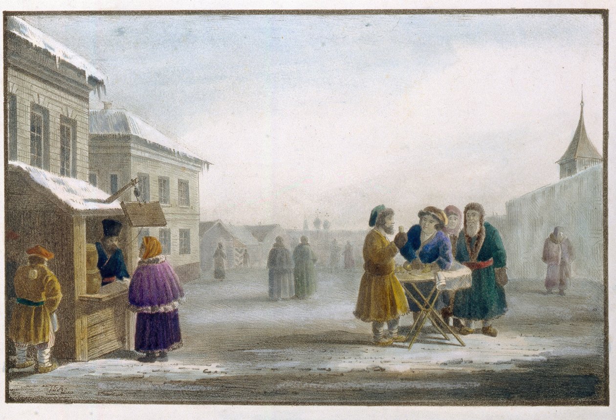 Vándor dohányárus egy oroszországi dohánybolt előtt. Eugene Pluchart (1809-1880) munkája, litográfia és akvarell alkotó: Eugéne Pluchart