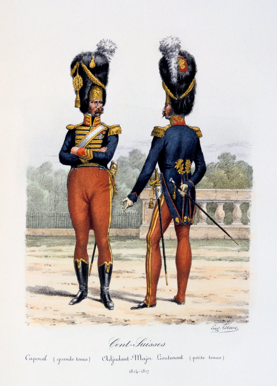 Cent-Suisses, tizedes teljes ruha, hadnagy-főhadnagy vetkőzés, 1814-17 alkotó: Eugene Titeux