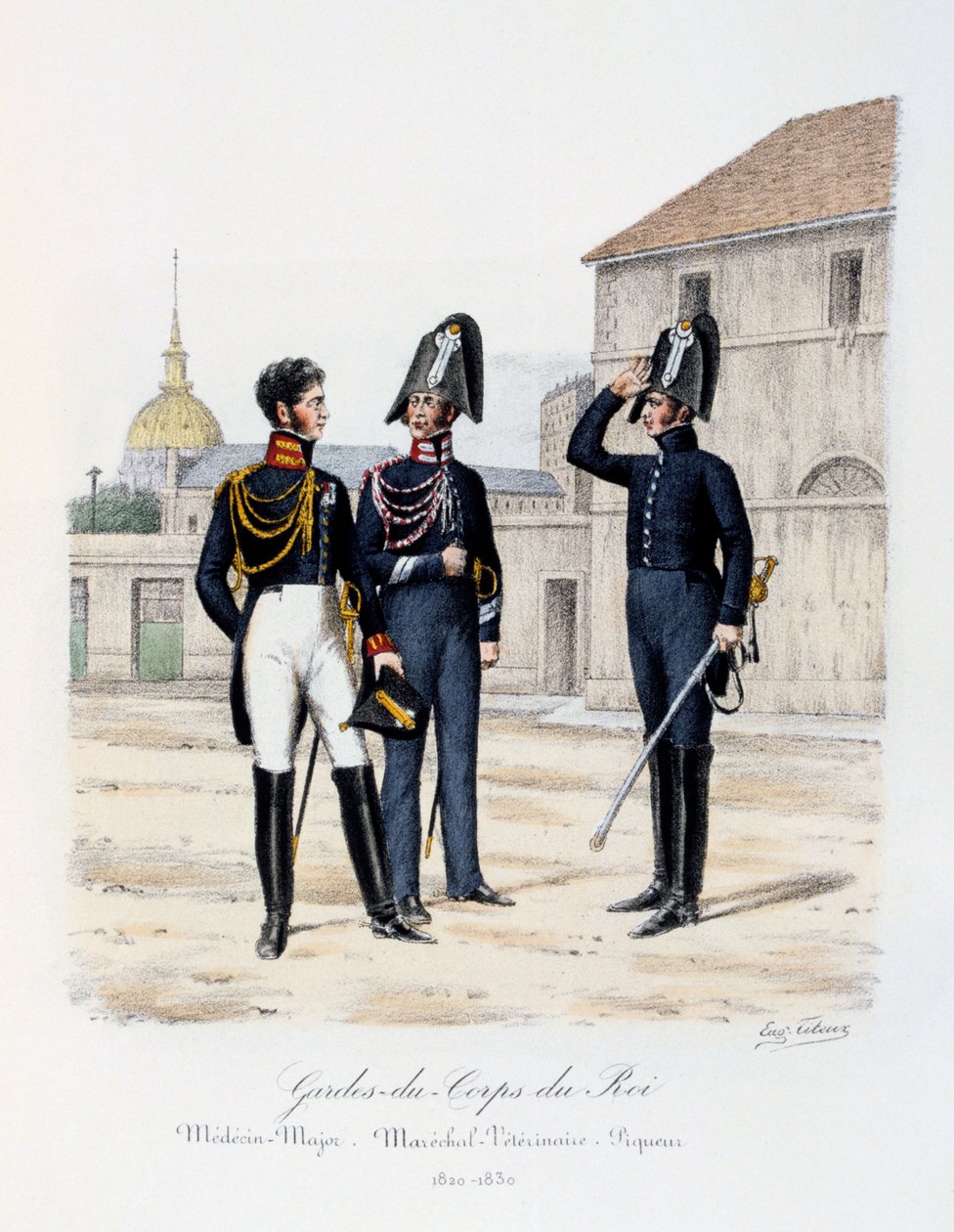 Király testőrei, főorvos-őrnagy, marsall-állatorvos és piqueur, 1820-30 alkotó: Eugene Titeux