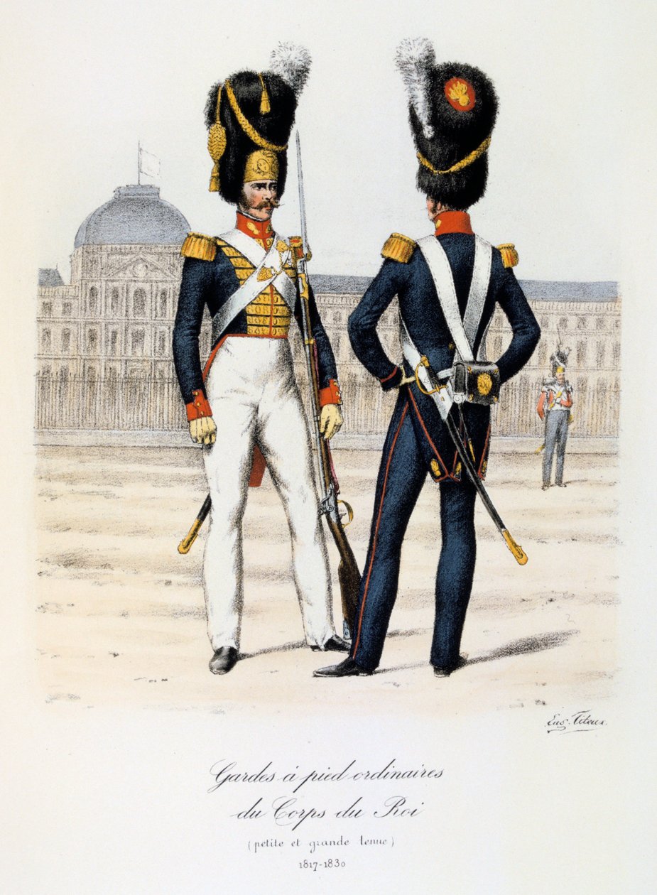 A királyi hadtest rendes lábőrei, kis és teljes ruhában, 1817-30 alkotó: Eugene Titeux