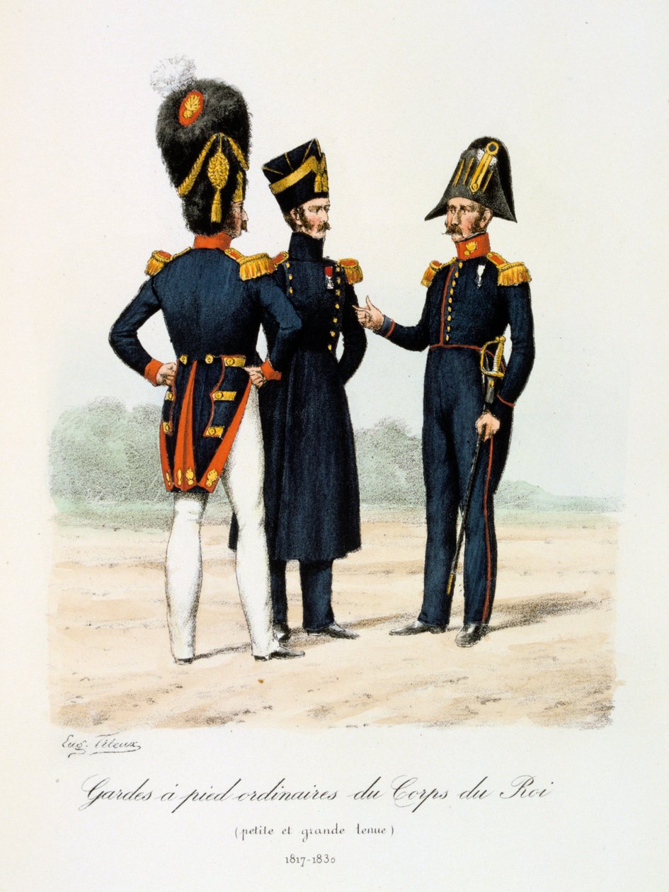 A királyi hadtest rendes lábőrei, kis és teljes ruhában, 1817-30 alkotó: Eugene Titeux